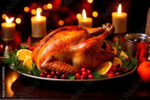 Roasted turkey on festive dinner table at Thanksgiving Day