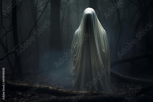 Ghost in a foggy forest. Halloween concept