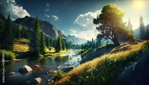 beautiful landscape with a river. Generative AI,