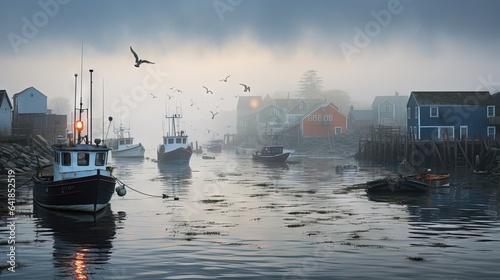 a foggy harbor filled with boats and birds flying over the water. generative ai
