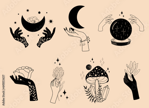 Set of mystical illustrations, magic objects, witchy hands with moon, stars, magic crystal ball, mystical mushrooms, witchcraft symbol, witchy esoteric objects