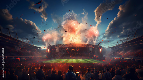 the stadium is full of cheering fans, fireworks and festive mood. AI Generated.