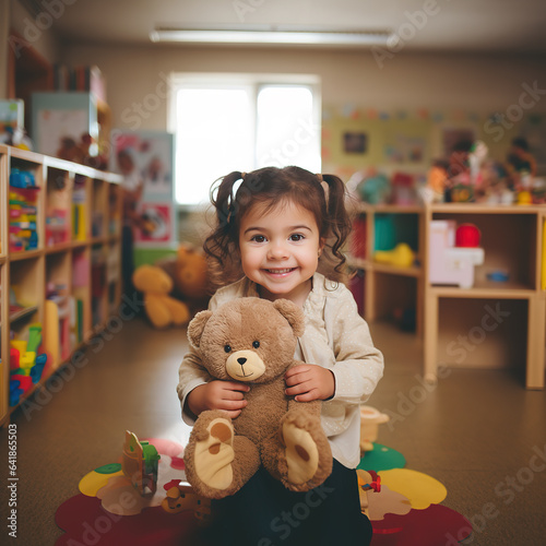 Mała dziewczynka, trzymająca misia, siedząca w sali przedszkolnej
