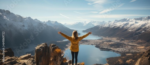 a young adventurous woman standing on top of a large rock overlooking patagonia bast fields