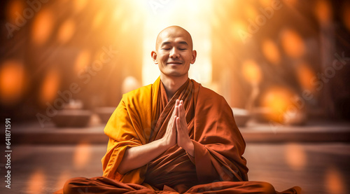 Asian monk in a Buddhist temple. Religious concept. digital ai art