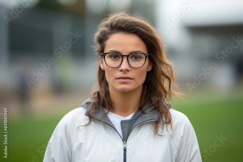 A White female wearing glasses and a tracksuit looking determined to finish the modern pentathlon on an out of focus soccer field.