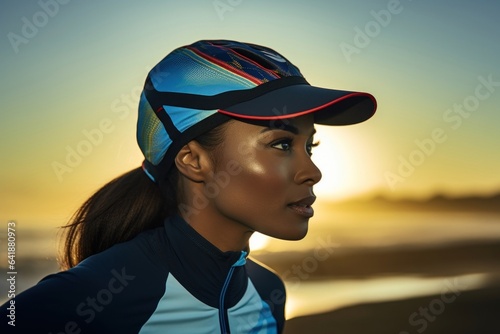 An African female wearing a cap and matching running gear competing in modern pentathlon with a ly visible cycling track in the background.