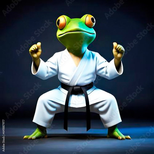 Karateka frog with black belt in fighting position