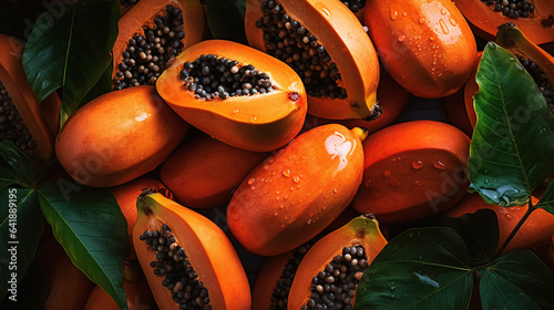 Top view full frame of whole ripe papaya placed together as background.