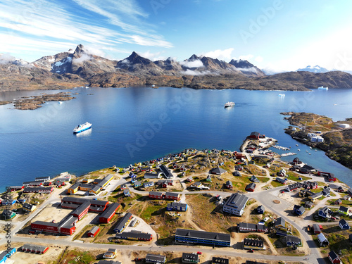 aerial view of greenland fjord tasiilaq village