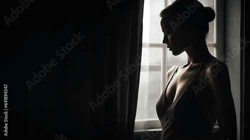 暗い部屋にいる下着姿の女性のシルエット・ボディライン・バスト・胸元 