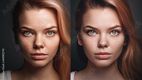 美容広告のビフォーアフターで使われる女性の顔（ニキビ治療） 