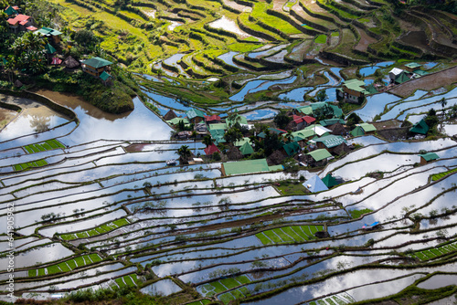 Close up on small village in Batad rice terraces, Banaue, Ifugao, Philippines.