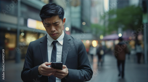ビジネス街・都会でスマホ・スマートフォン・アプリを見るビジネスマン 