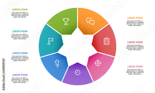 Circle infographic 7 processes. The pie chart is divided into 7 parts. Vector illustration.