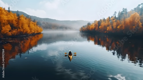 Person rowing on a calm lake in autumn, aerial view only small boat visible with serene water around - lot of empty copy space for text. Generative AI