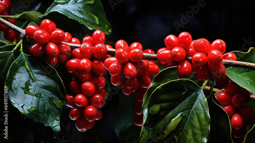 Coffee beans ripening, fresh coffee, red berry branch. Generative Ai