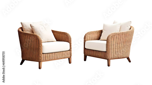 Set of scandinavian outdoor garden rattan couches armchairs on transparent background. Generative ai design png concept.