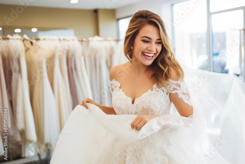 Plus size woman trying on wedding dress. Happy bride excited smile for wedding, happiness and marriage. Generative AI