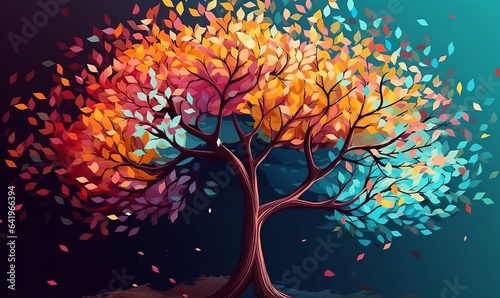 Elegant colorful tree with vibrant leaves hanging branches illustration background. Bright color 3d abstraction wallpaper for interior mural painting wall art decor, Generative AI