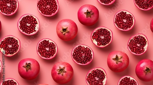 Fresh pomegranate pattern, top view, flat lay, on pink background.