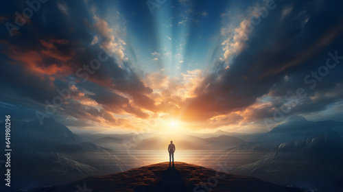 alone person looking at heaven. Lonely man standing in fantasy landscape with shining cloudy sky. Meditation and spiritual life