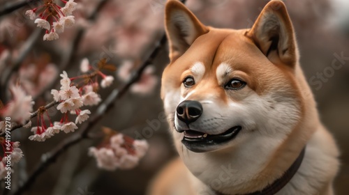 Portrait of a Japanese dog Akita inu on a background of cherry blossoms