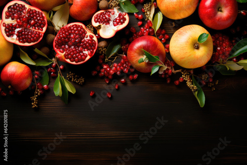 Apples and pomegranates on a dark rustic background with copy space. Traditional Jewish cuisine for the New Year holiday - Rosh Hashanah