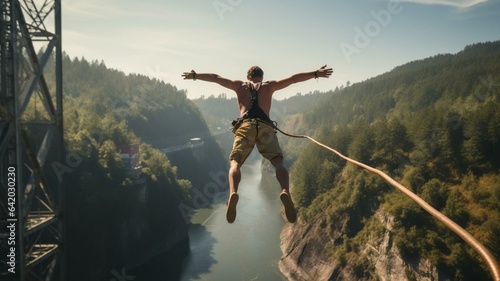 Man bungee jumping in the mountains