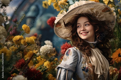 close up portrait of cute young pretty woman wearing 18th century Regency blue outfit standing in flower blossom garden, Generative Ai