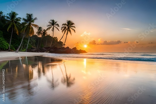 Tropical beach scene during twilight.