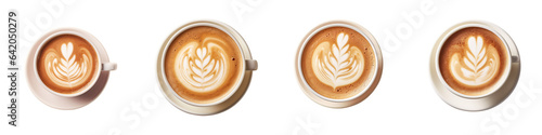 Hot coffee latte cappuccino seen from above against transparent background with a clipping path