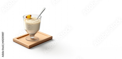 Zabaione on minimalist wooden plate isolated in white background with copy space 