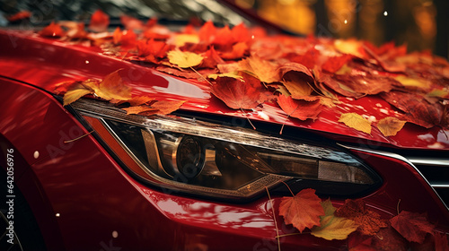 紅葉の落ち葉が車に積もる秋の写真