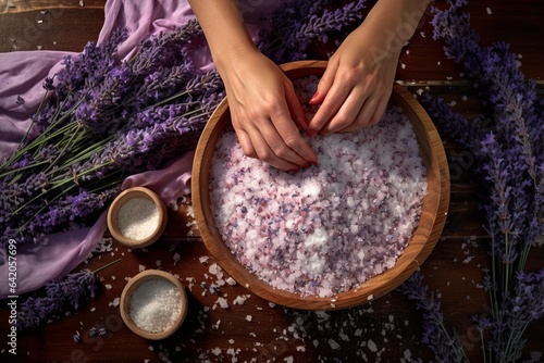 A woman making lavender bath salt by hand with lavender elements next to it, top view.generative ai 