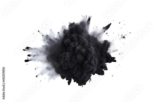 Black color holi paint splashes and motion of black color powder festival explosion, black dust exploding isolated on white background.