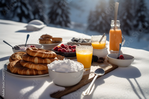 Sweet breakfast with pastry and berries on a ski resort. Generative AI