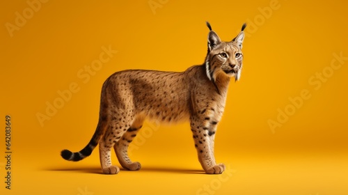 A majestic lynx standing against a vibrant yellow backdrop