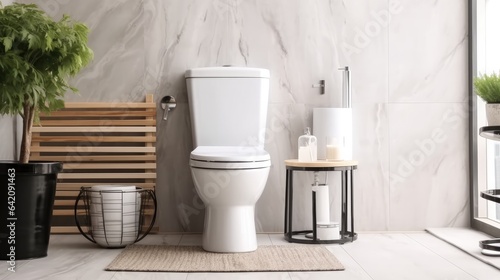 Modern toilet room interior, Classic white ceramic toilet bowl with water tank and opened seat lid.