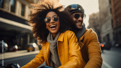 carefree traveller african american young marry lover couple enjoy riding town tour cheerful leisure moment in old city market town daytime travel,ai generate