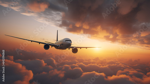 Passenger plane flies among the clouds of sunset sunbeams in pink and purple colors. Copy space for text. Top view. Generation AI