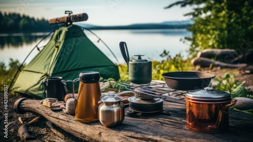 Camping equipment like gear, pots and tent near the lake created with Generative AI