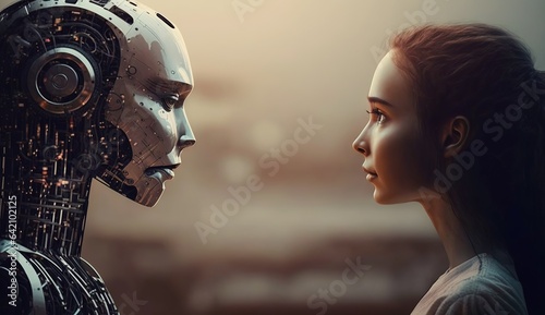 ai generated illustrution chat, anthropomorphic robot artificial intelligence talking with human.