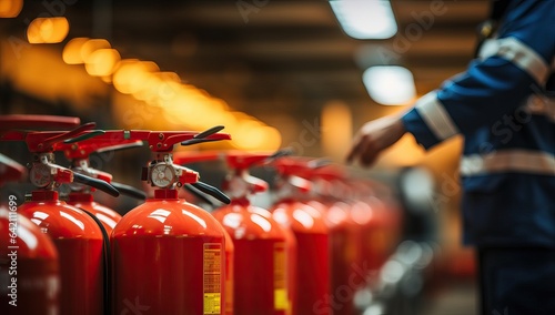 Fire extinguisher in the fire department with blurred background and bokeh