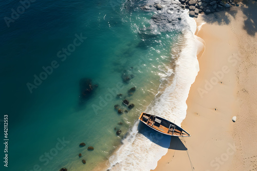 aerial view shot of people near a boat in the sand of varkala beach, 
