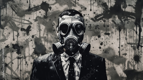A businessman in a gas mask. Stencil art. Corporate greed. Excess. Mega profits. Environmental activism. Destroying the environment. Capitalism. Unlimited growth. Dystopia.