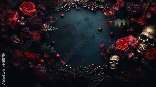 Dark moody baroque background for Halloween with skulls and flowers