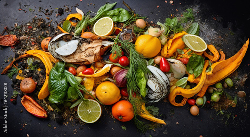 supermarket food waste, fruits, vegetables, top view