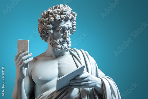 Ancient old Greek God statue, man using smartphone on pastel background