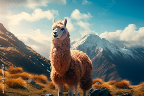 Cute llama in the mountains. Alpaca in the valley on the background of the mountains